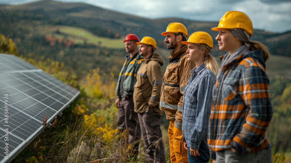 Group of workers in hard hats inspecting solar panels in a rural landscape