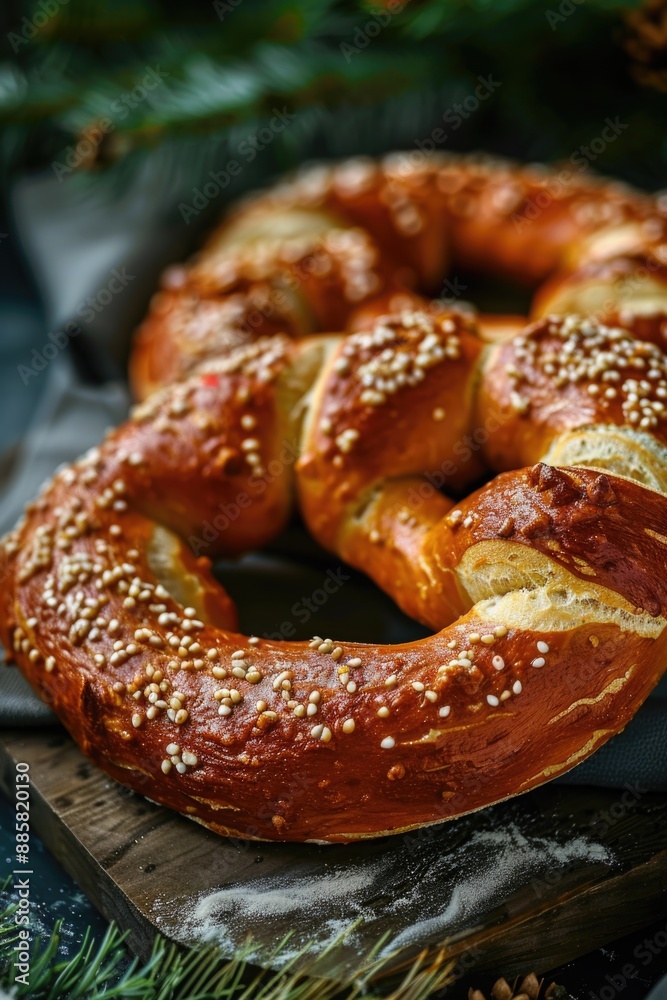 A pretzel placed on a cutting board surrounded by pine needles, perfect for a rustic or nature-inspired setting A pretzel placed on a cutting board surrounded by pine needles, perfect for a rustic or nature-inspired setting