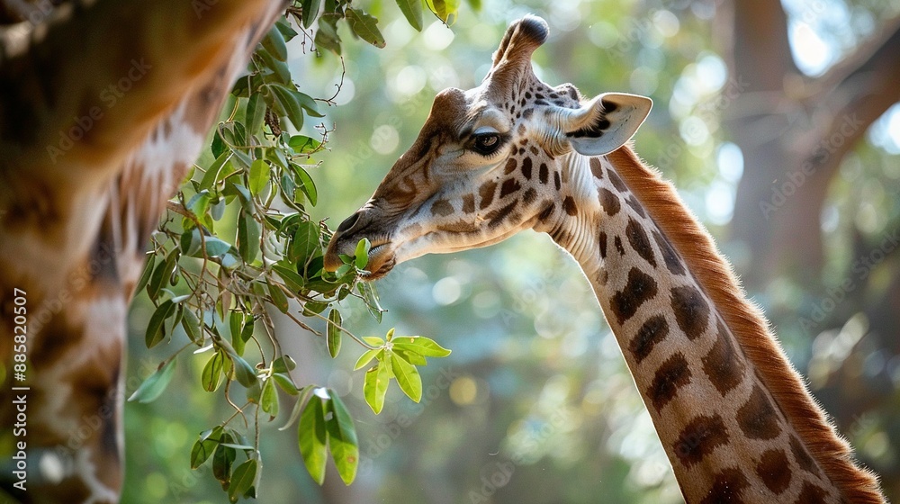 Obraz premium Giraffe Eating Leaves: A giraffe reaching up to eat leaves from a tree
