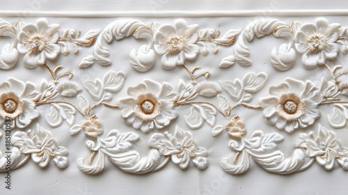 Decorative trim with elaborate embroidery, showcasing ornamental flourishes and detailed patterns, perfect for home decor