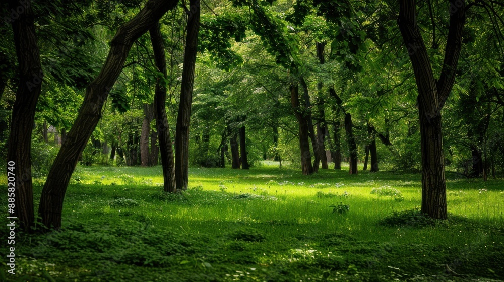 Natural dorest of woods with sunbeams through fog and leaves branch create mystic atmosphere. natural green beech forest in the morning light. busy forest with wood tree Natural dorest of woods with sunbeams through fog and leaves branch create mystic atmosphere. natural green beech forest in the morning light. busy forest with wood tree