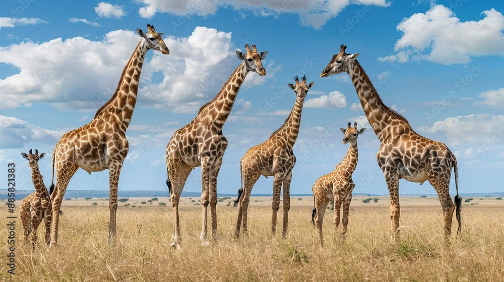Obraz premium Giraffe Family: A group of giraffes, including adults and calves.