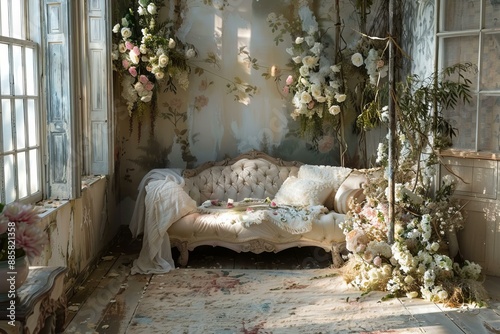 Sunlight illuminating elegant vintage sofa decorated with flowers standing in shabby chic living room with floral wallpaper