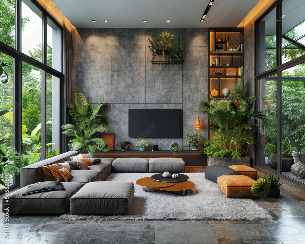 Luxurious Modern Living Room Interior with Sectional Sofa and Minimalist Decor in 3D Render