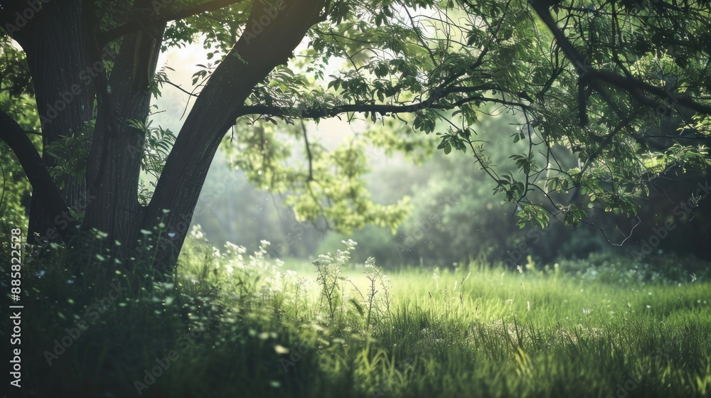 Fototapeta premium Natural dorest of woods with sunbeams through fog and leaves branch create mystic atmosphere. natural green beech forest in the morning light. busy forest with wood tree