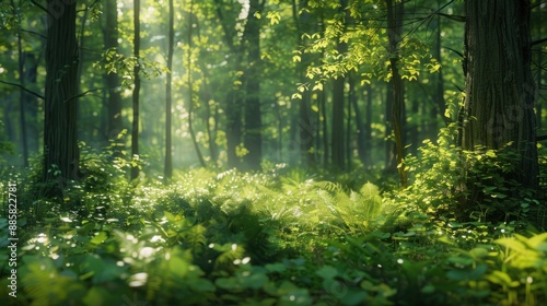 Natural dorest of woods with sunbeams through fog and leaves branch create mystic atmosphere. natural green beech forest in the morning light. busy forest with wood tree photo