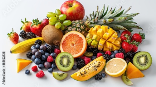 Fototapeta Naklejka Na Ścianę i Meble -  16. Freshly cut exotic fruits on a white background