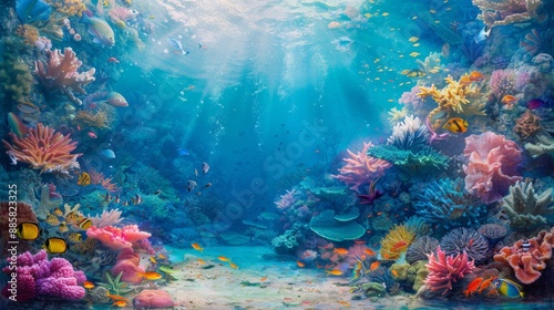 Underwater Coral Reef Scene with Colorful Fish © racesy