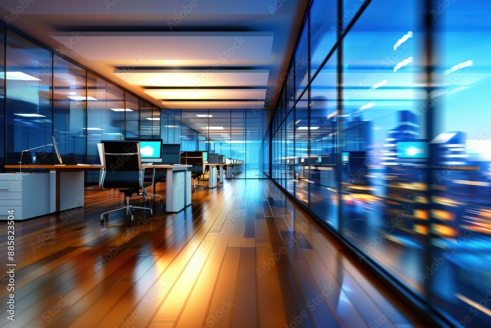Evening Office, Empty workspace with city view at dusk, Professional Ambiance. Evening Office, Empty workspace with city view at dusk, Professional Ambiance.