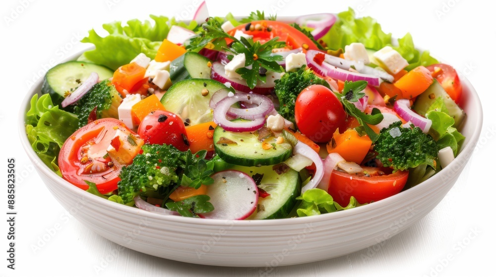 28. Fresh vegetable salad with various toppings on a white background