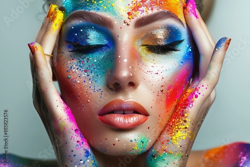 Beautiful model posing with eyes closed and colorful makeup and body art covering her face and hands