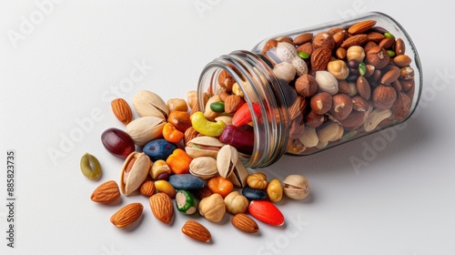3. Variety of nuts and seeds spilling from a jar on a white background