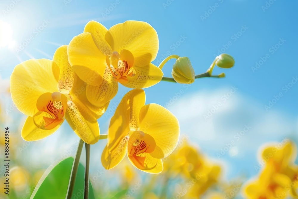 Fototapeta premium Orchids in a sunny meadow, ideal for travel or nature-themed projects