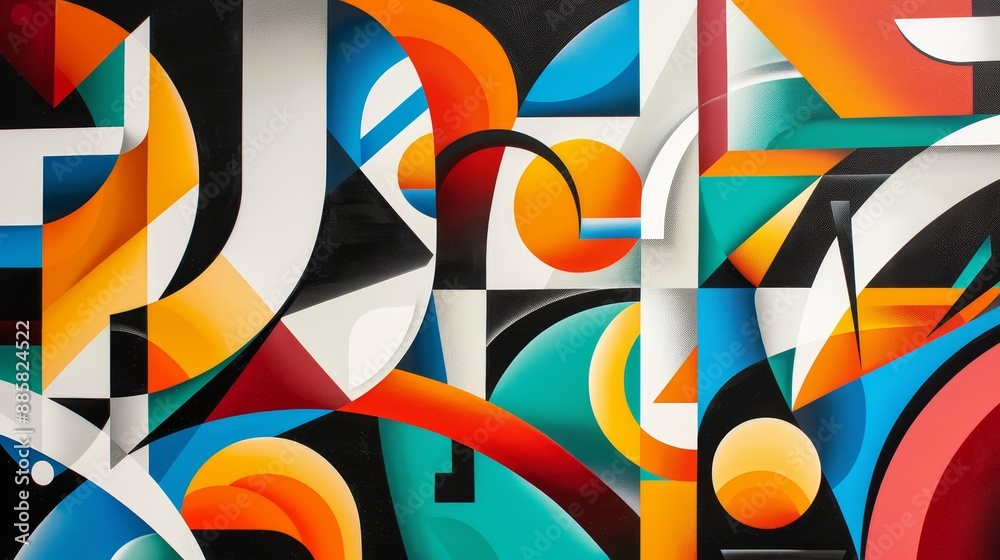 Modernist mural featuring detailed figurative elements, bold colors and abstract forms illustrating a dynamic, contemporary scene