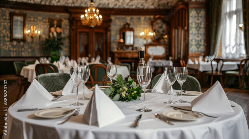 Old-fashioned dining room with elegant decorations, antique chandeliers and richly patterned wallpaper, exuding classic charm and refinement Old-fashioned dining room with elegant decorations, antique chandeliers and richly patterned wallpaper, exuding classic charm and refinement
