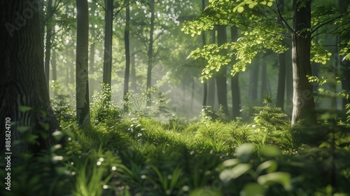 Natural dorest of woods with sunbeams through fog and leaves branch create mystic atmosphere. natural green beech forest in the morning light. busy forest with wood tree