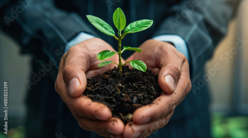 A photograph of hands holding a small plant growing in soil, the hands are of a person in a business suit, the plant is vibrant green with fresh leaves, close-up shot