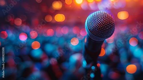 In an auditorium full of expectant spectators, a microphone on a stand is highlighted by a spotlight, and the microphone shines under the spotlight: a compelling performance