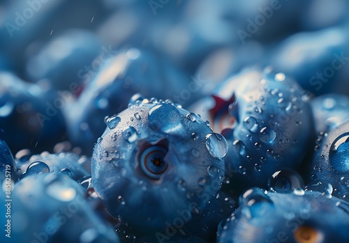 Close-Up Dewy Blueberries Macro Photography photo