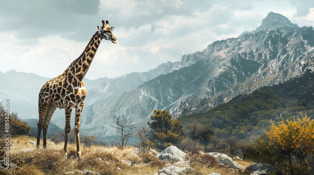 Obraz premium Giraffe and Mountains: A giraffe with a mountainous backdrop