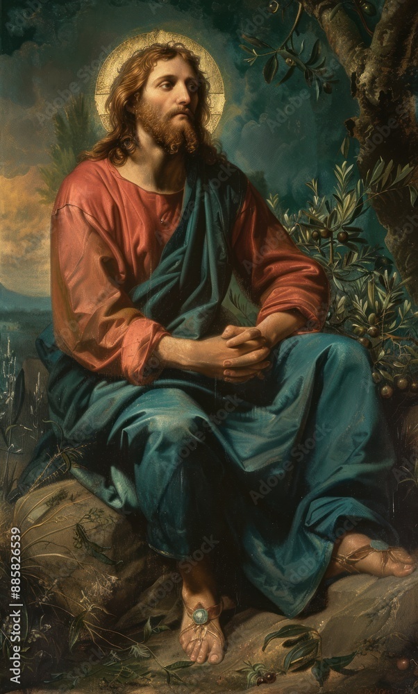 Divine communion: Jesus Christ prays to god the father, illustrating sacred connection between son and e father, embodying humility, devotion, eternal bond of divine love Divine communion: Jesus Christ prays to god the father, illustrating sacred connection between son and e father, embodying humility, devotion, eternal bond of divine love