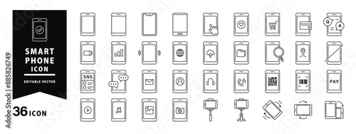 スマートフォンのいろいろアイコンセット ( ベクター 編集可能 シンプル 主線 透過 線 線画 黒 )