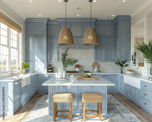 Modern Coastal Kitchen Interior with Light Blue Cabinets and Nautical Decor 3D Render