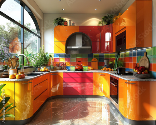 Modern and Playful Vibrant Kitchen Interior Design with Colorful Cabinetry and Appliances - 3D Render