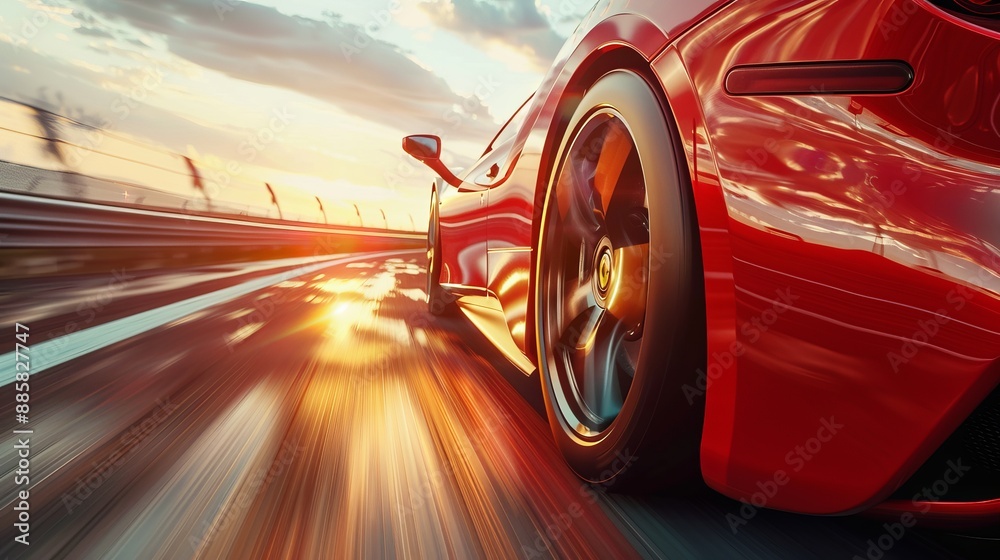 A sleek sports car speeding on an open highway with blurred motion and dynamic perspective A sleek sports car speeding on an open highway with blurred motion and dynamic perspective