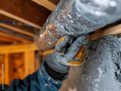 A gloved hand inspecting a metal ductwork in a basement. photo