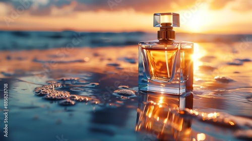 perfume bottle on a beach in front of the sunset product photography 