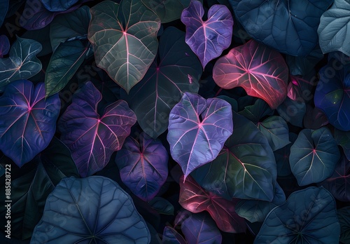 Dark Green And Purple Tropical Leaves Pattern photo