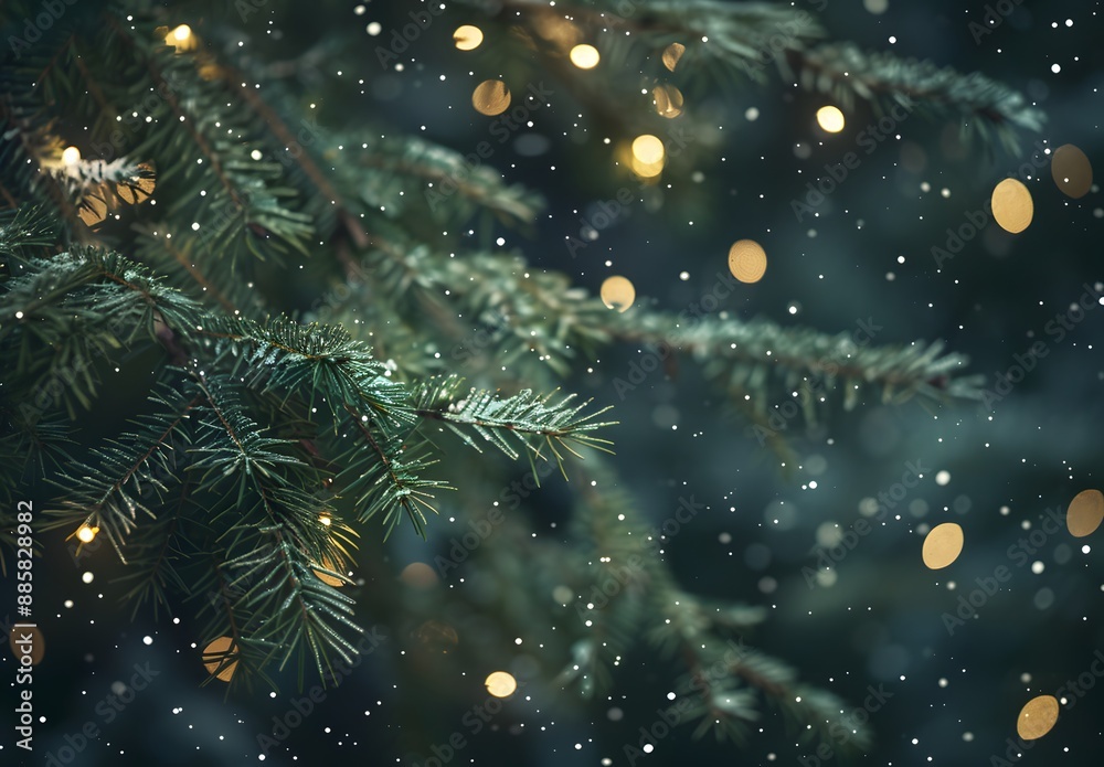 Evergreen Tree Branch with Lights and Snowflakes Evergreen Tree Branch with Lights and Snowflakes