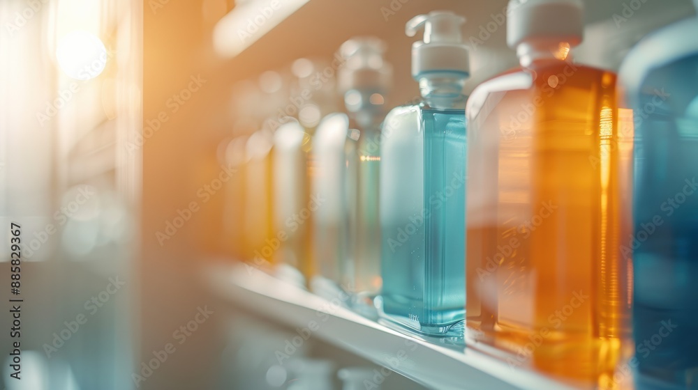 A row of colorful plastic bottles displayed on a shelf, illuminated by sunlight in a store. Bright and vibrant packaging design. A row of colorful plastic bottles displayed on a shelf, illuminated by sunlight in a store. Bright and vibrant packaging design.