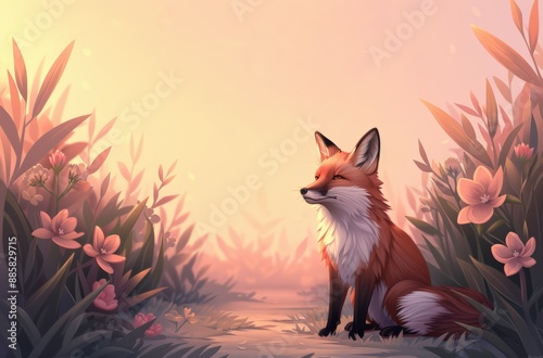 A serene fox sitting in a flower-filled meadow at dawn, captured in warm golden light and surrounded by lush foliage.