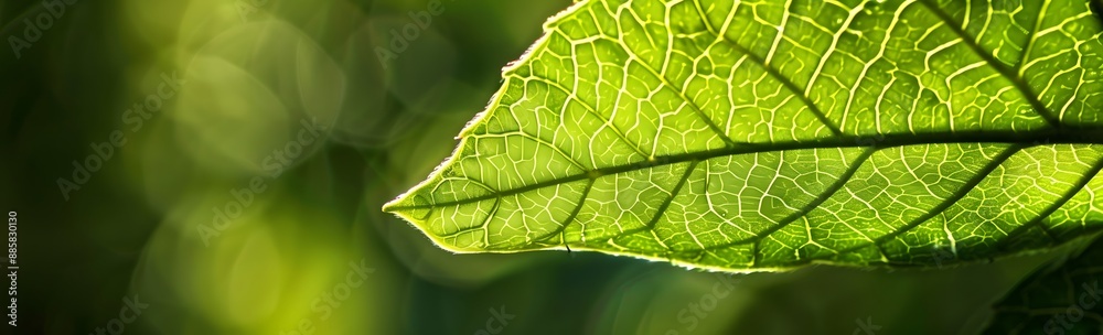 Fototapeta premium Sunlit Green Leaf with Veins and Blurred Background