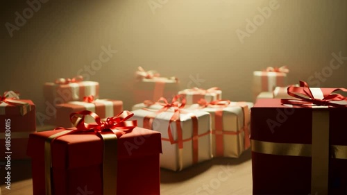 A bunch of red and white boxes with red ribbons on them. The boxes are piled up on a table