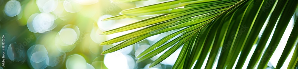 Fototapeta premium Vibrant Green Palm Leaf Texture with Bokeh