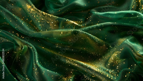 Emerald Green Silk Fabric with Golden Glitter Texture