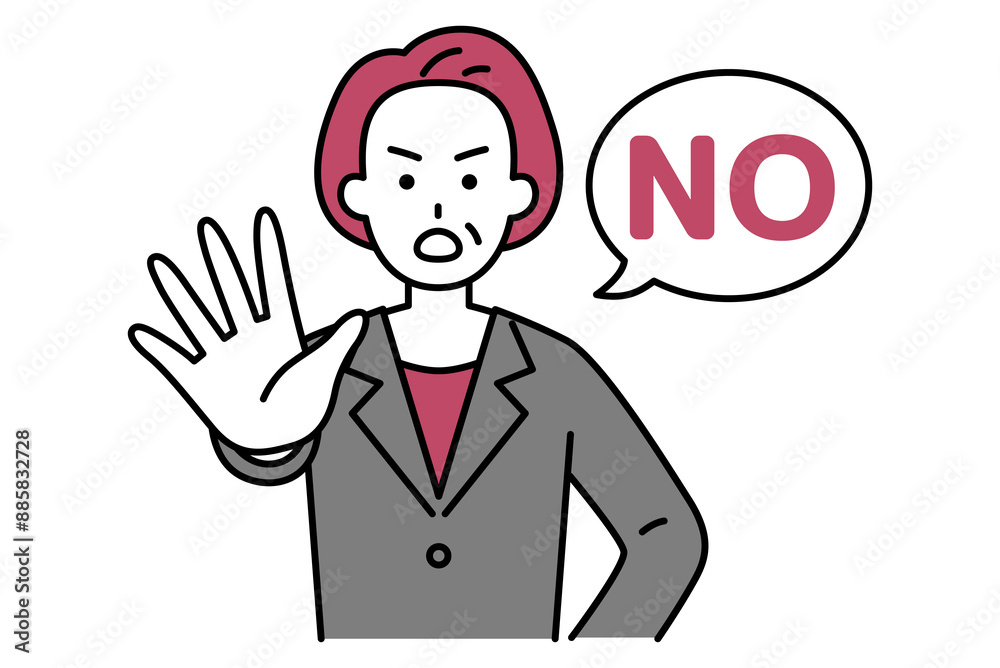 右手を前に出してNOと言う中年のスーツの女性 右手を前に出してNOと言う中年のスーツの女性