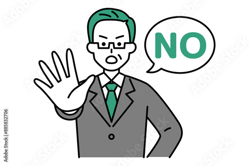 右手を前に出してNOと言う中年のスーツの男性