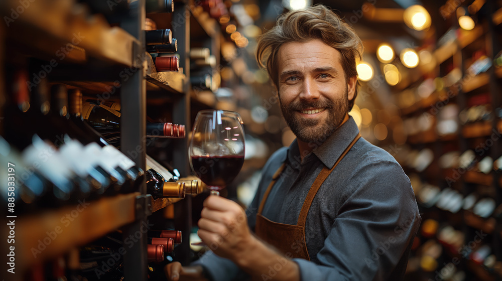 Smiling man holding a glass of red wine in a wine cellar with shelves of bottles Smiling man holding a glass of red wine in a wine cellar with shelves of bottles