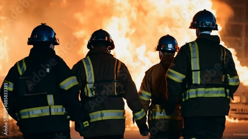 A team of firefighters with their backs to the camera, walking towards a burning building.