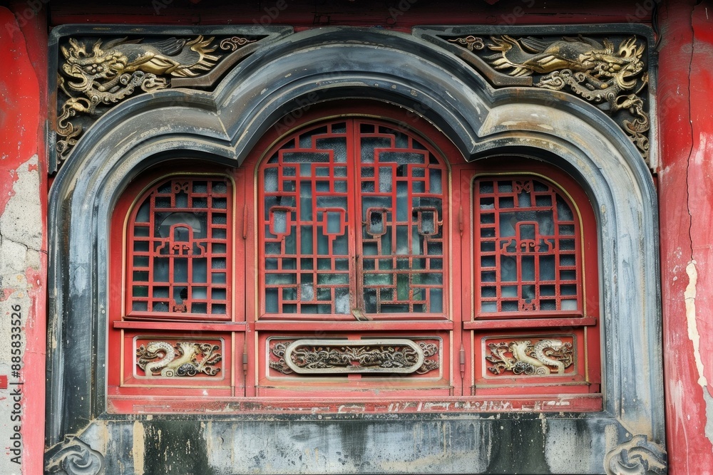 Fototapeta premium Old red chinese window with golden dragon sculptures showing traditional asian architecture