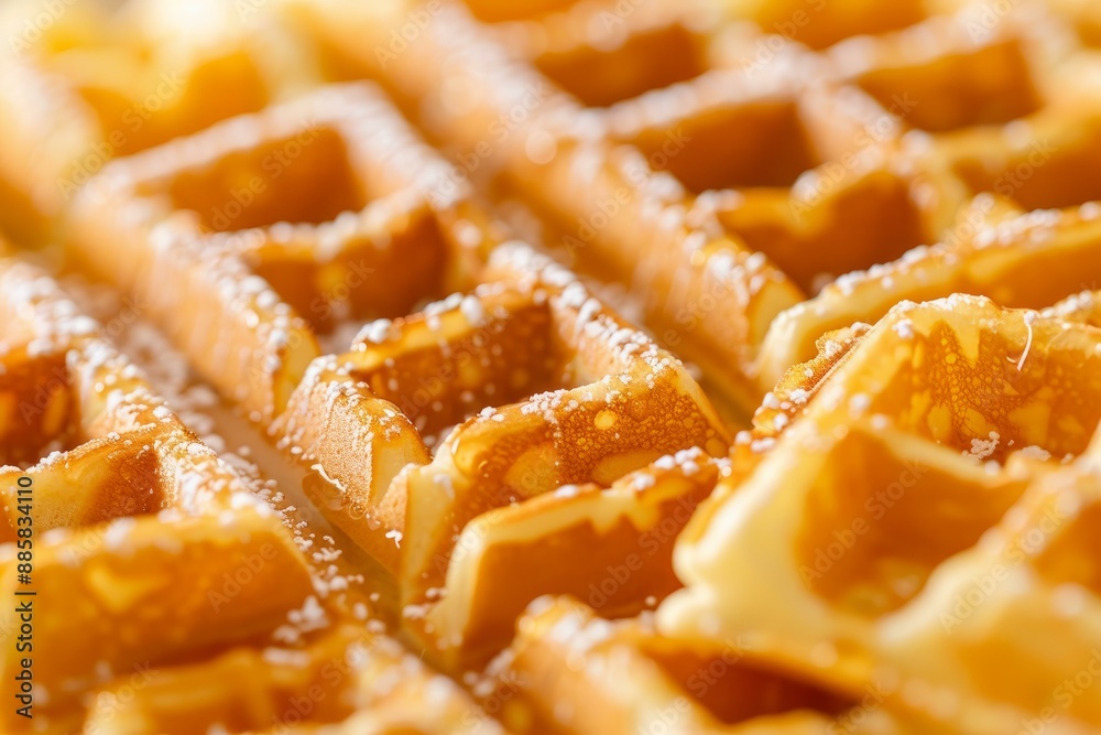 Freshly made waffles are drizzled with syrup and sprinkled with powdered sugar Freshly made waffles are drizzled with syrup and sprinkled with powdered sugar