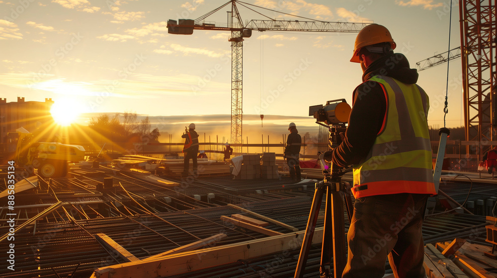 The surveyor stands in the foreground, wielding a theodolite and holding documents in his hands. The surveyor stands in the foreground, wielding a theodolite and holding documents in his hands.