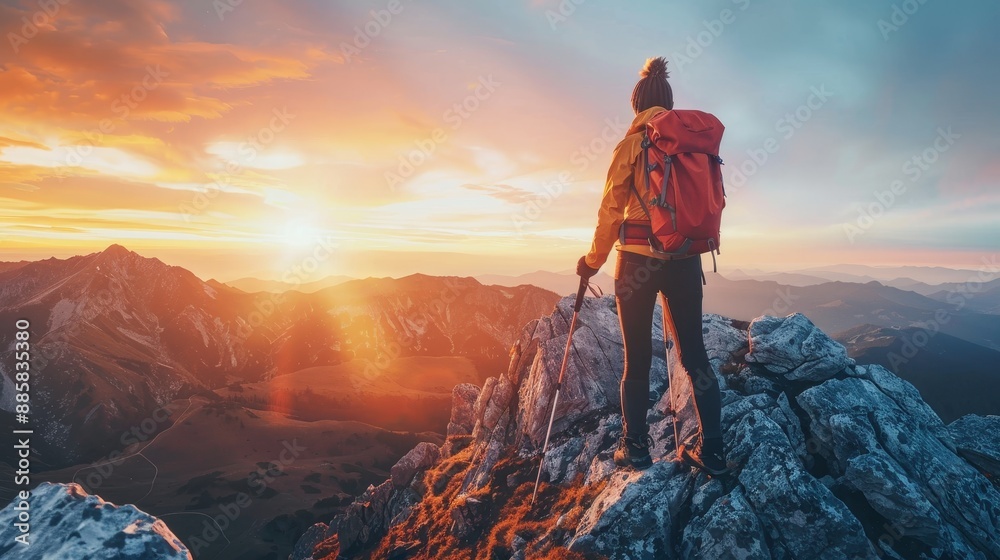 Obraz premium Triumphant woman hiker scaling sunrise mountain peak with backpack adventure travel concept