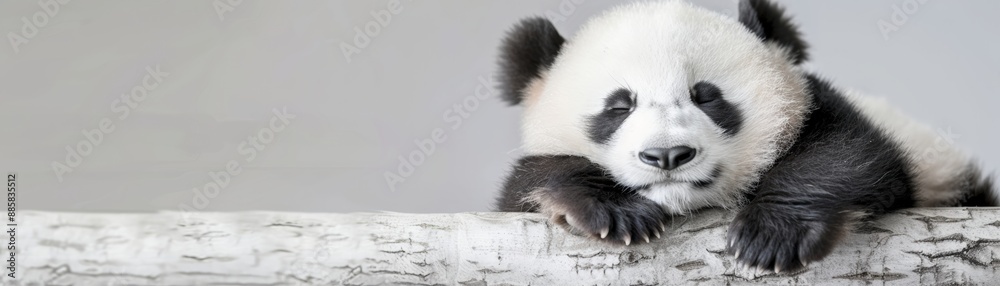 Naklejka premium Adorable panda bear relaxing on a tree branch, showcasing its distinct black and white fur. Perfect image for wildlife and nature enthusiasts.