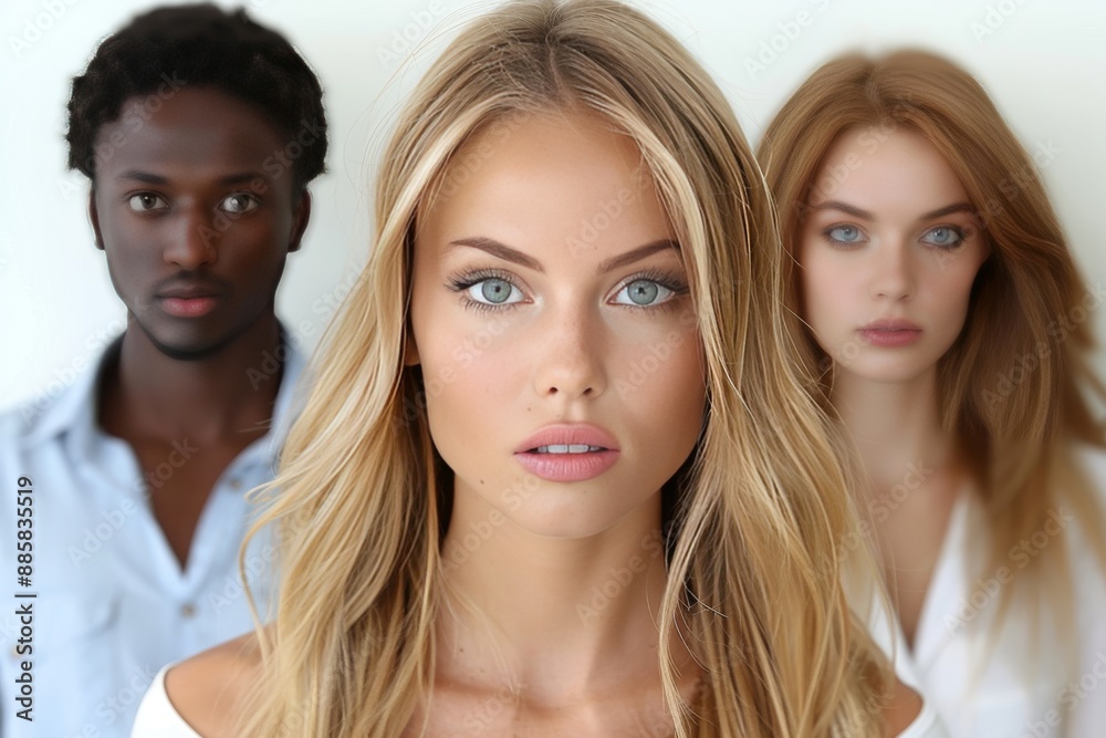 Blonde Woman With Blue Eyes Looks Directly at Camera, Two Other People Behind Her Blonde Woman With Blue Eyes Looks Directly at Camera, Two Other People Behind Her
