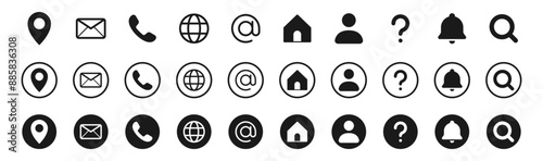 Contact us icon. Web icons set , home, location, call, at, email, address, globe, chat, message, mail, envelope, telephone, information, support, search, website, icon. communication contact icon